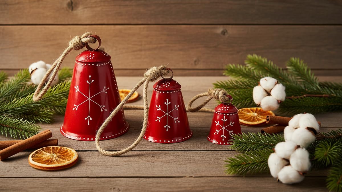 Christmas Bells Rustic Decor Christmas Big Ornaments Handcrafted Hanging Bell Home Decor Bells Set of 3 (Red)