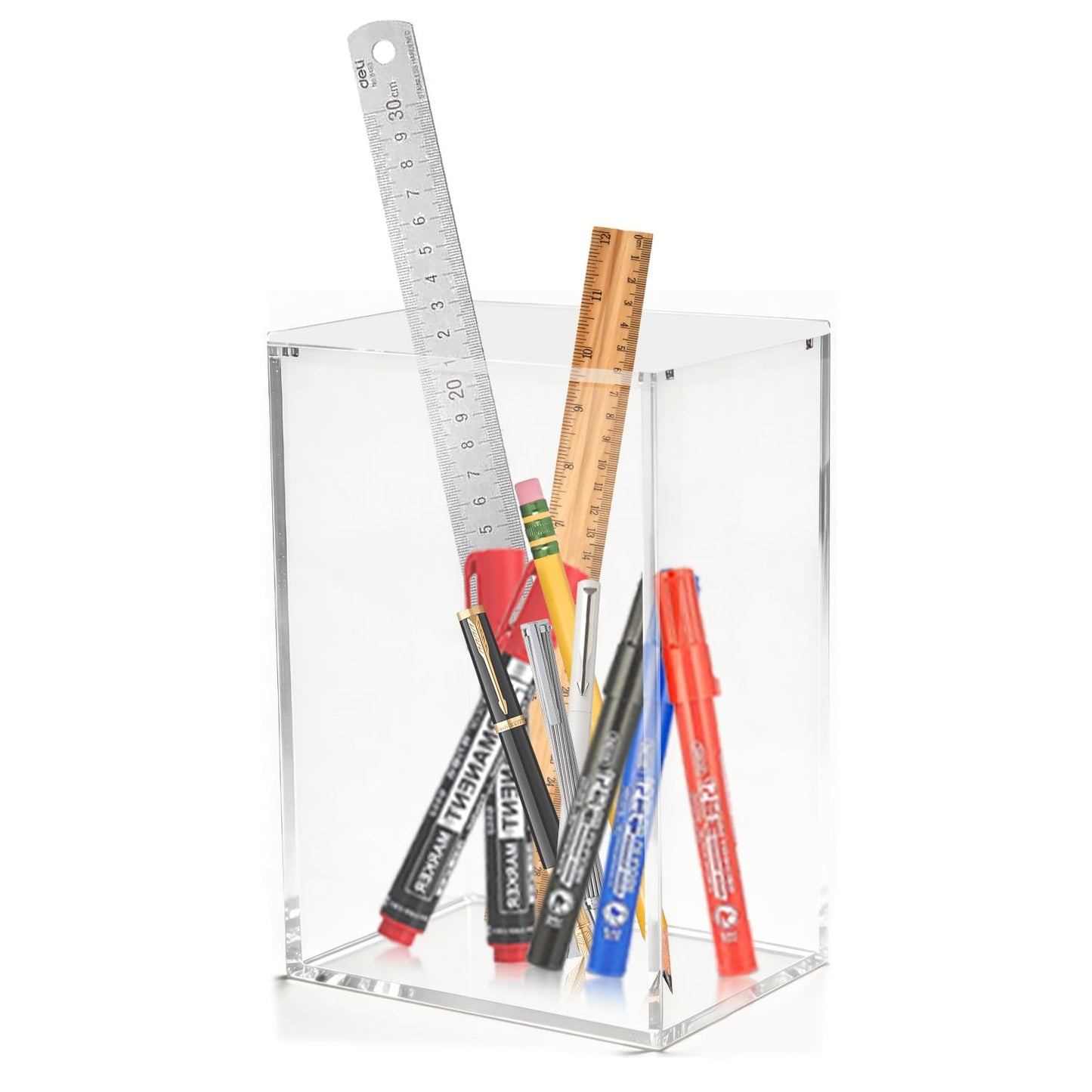 Oubou Acrylic Pen Holder, Clear Pencil Holder Organizer for Desk, Desktop Stationery Storage Cup for Office & Makeup Brushes 3.9''x5.4''x7.4''