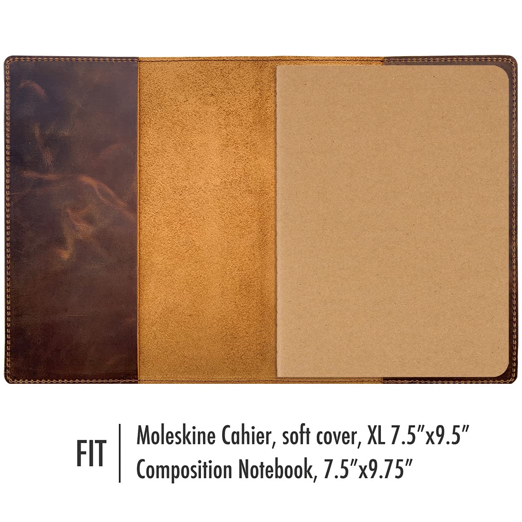 Fan&Ran Leather Journal Cover for Moleskine XL and 7.5"x9.75" Composition Notebooks, Bourbon Brown 8.25"x10.5"