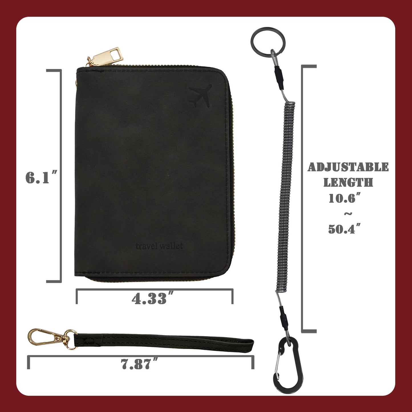 Passport Holder with Tether and Carabiner to Prevent Loss and Theft, Rfid Passport Holder for Travel, Passport Cover, Wallet & Case for Men and Women (Black -Tether and Carabiner)