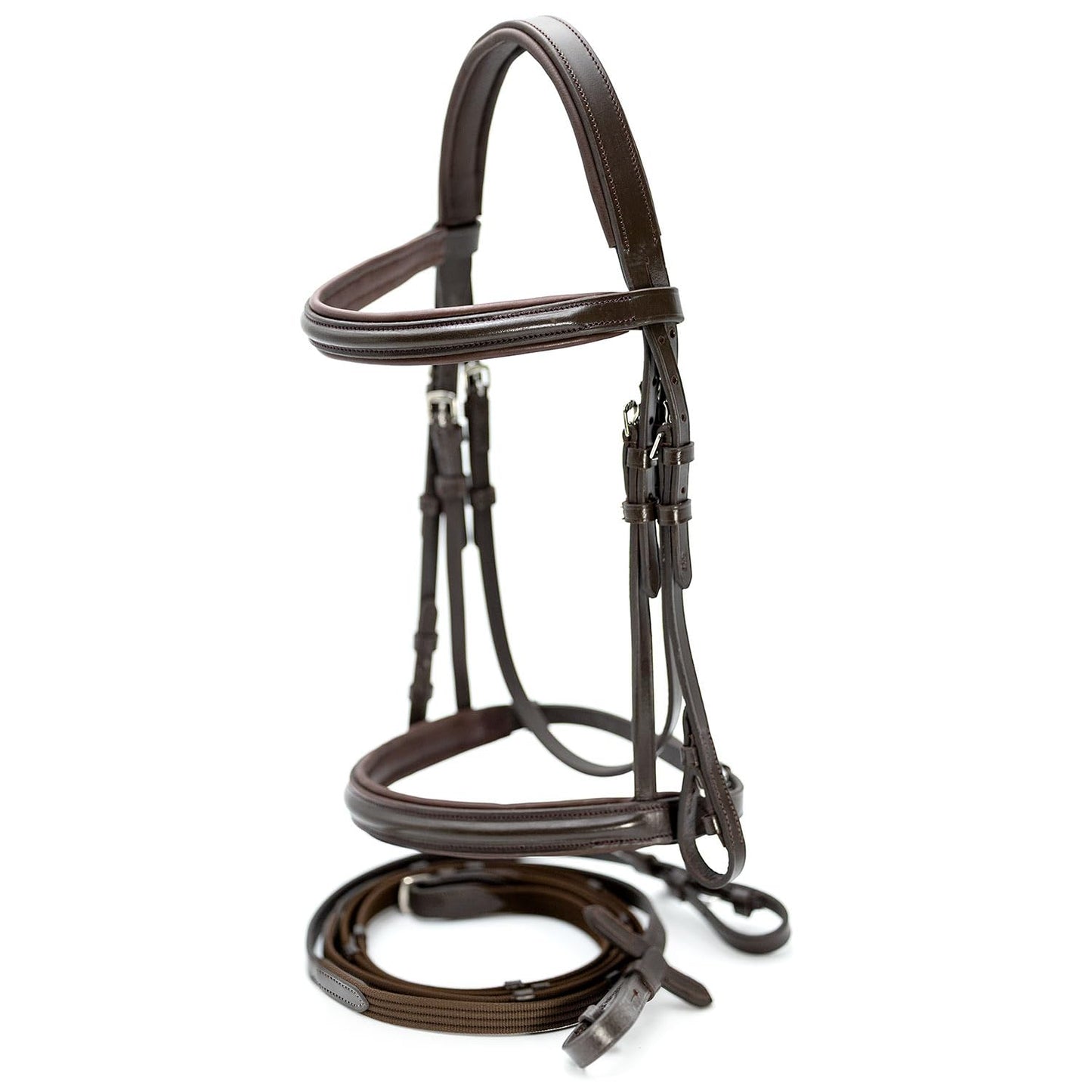 Jeffers Uniquely English Devon Leather Snaffle Bridle with Reins for Horses, Oversize - Padded Monocrown, Raised Browband, Cavesson Noseband, Hook Stud Ends, English Horse Tack for Riding or Jumping