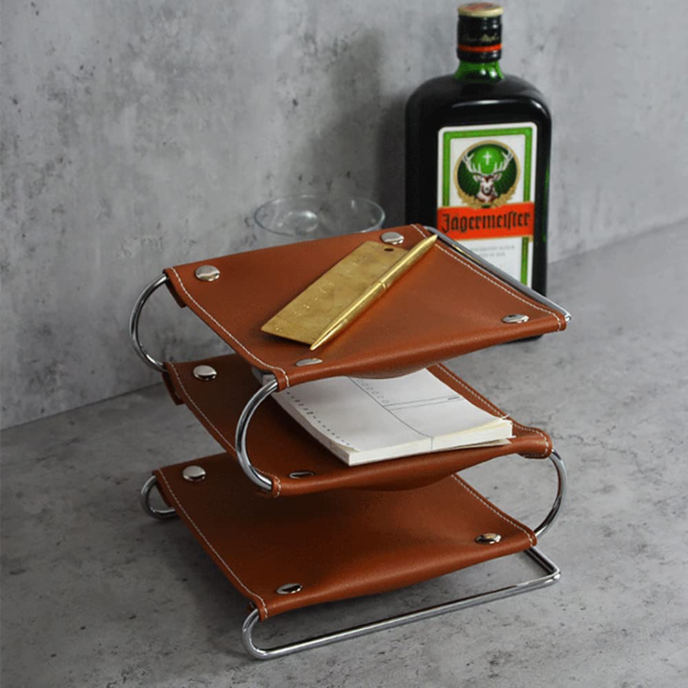 Effortlessly Organize Your Space with Our Triple-Decker Leather Tray in Luxurious Faux Leather (Brown)