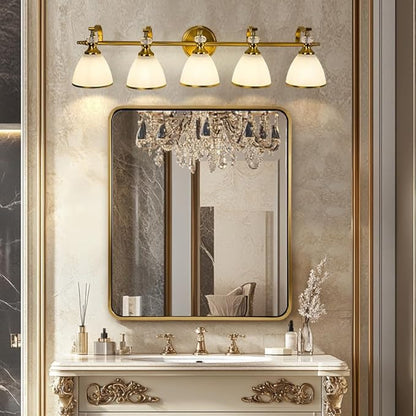 ANDY STAR Gold Bathroom Light Fixture, 5-Light Bathroom Wall Sconces, 35 inch Brass Vanity Light with Milky White Frosted Glass Shade, Large Vintage Wall Lights for Spacious Rooms