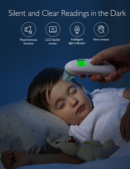 Momcozy Non-Contact Forehead and Ear Thermometer, Digital Infrared Thermometer for Adults and Children, with Child Mode, Fever Alarm Function, Mute and Memory Functions, Fast and Accurate Measurement