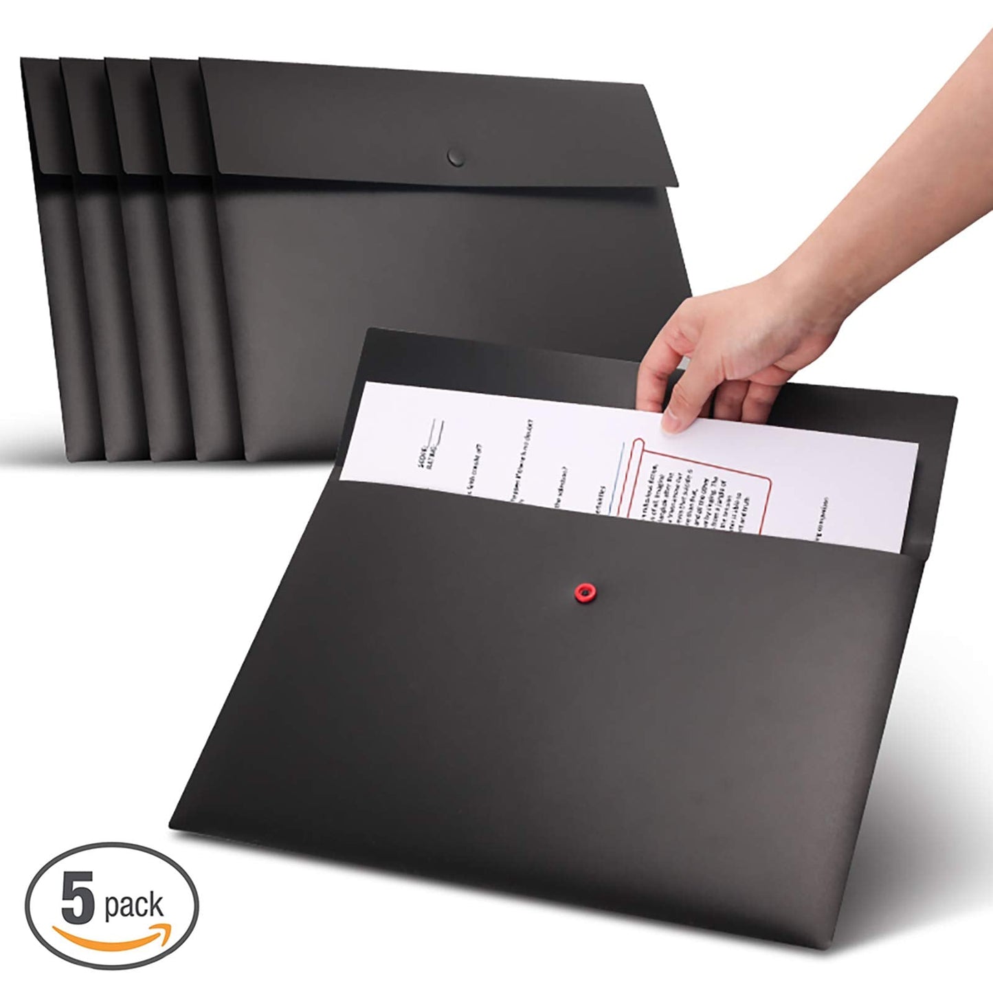 VANRA 5 Pieces A4 Envelopes Folders for Paperwork Plastic Wallets Document Organizer with Snap Button Closure A4 Letter Size (Black)