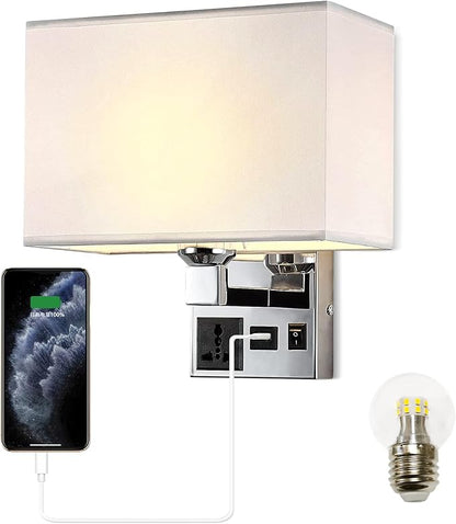 Bedside Wall Mount Light with USB, LED Reading Swing Arm Fabric Shade Wall Sconce, Hardwired Wall Lamp for Bedroom, Living Room Hotel (Chrome)