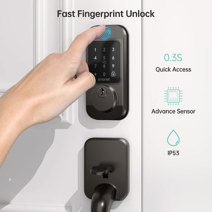 Keyless Door Lock with Handle Set - SMONET WiFi Fingerprint Smart Locks for Front Door, App Remote Control, Digital Bluetooth Keypad Deadbolt Set with Alexa, Auto Lock, Code, Fobs for Home Black
