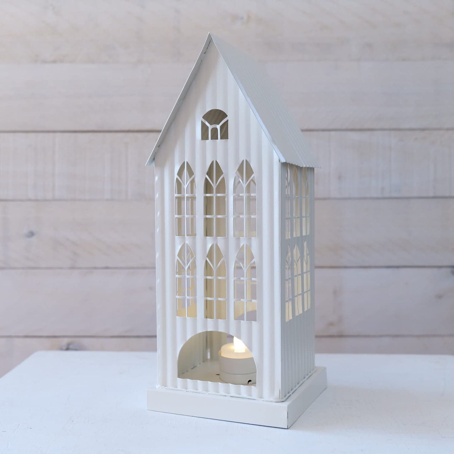 Orchid & Ivy 12.5-Inch Tall Rustic White Galvanized Metal Decorative Tin House Candle Holder Country Farmhouse Tabletop Mantel Shelf Tea Light Lantern Indoor Outdoor Home Decor