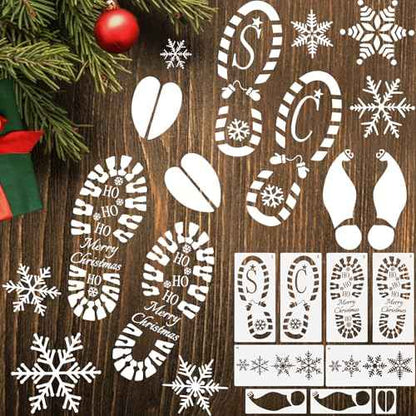 DIYASY 9 Pcs Christmas Santa Footprint Stencils, Reusable Snowflake Stencils for Painting Large Crafts Stencil Elf Foot Print Templates Holiday Xmas Decorations