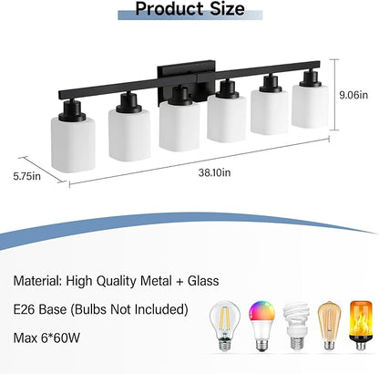 6 Light Bathroom Vanity Light, Modern Matte Black Bathroom Light Fixtures with Square Frosted Glass, Wall Sconces fixtures Over Mirror Restroom,Living Room Hallway E26