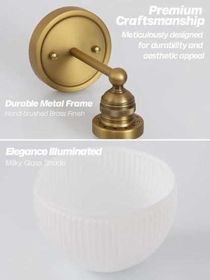 Gold Wall Sconces Vintage Bathroom Vanity Light Fixtures Modern Frosted Milk Glass Sconces Brass Sconce Wall Lighting for Living Room Bedroom Bathroom Mirror Hallway Stairway E26 Hardwire