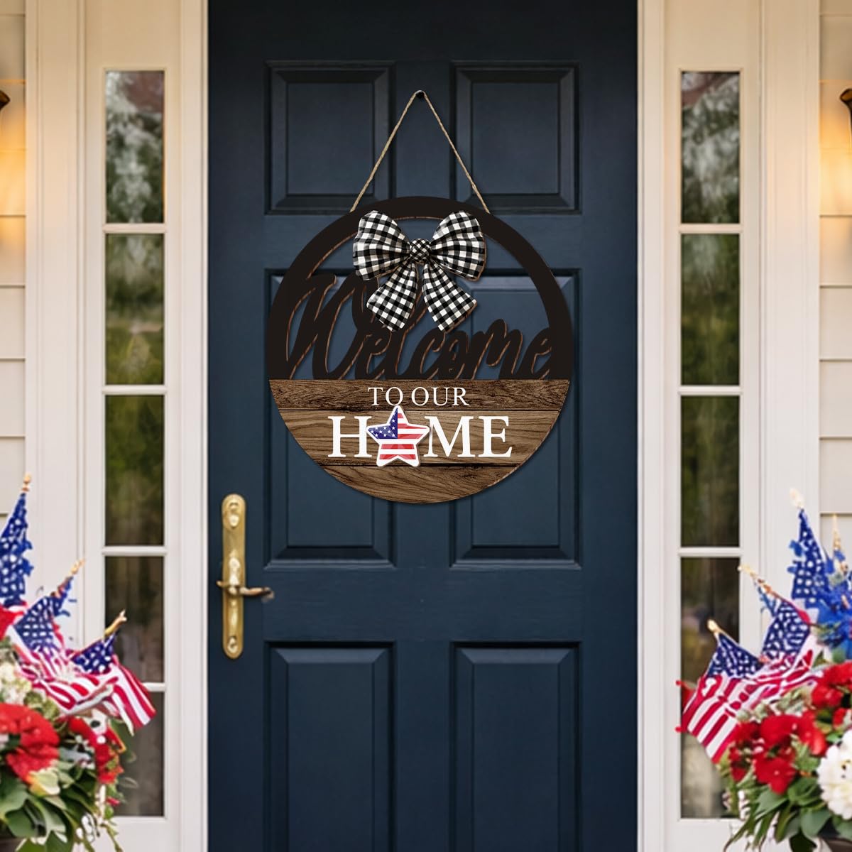 Interchangeable Seasonal Welcome to Our Home Hanging Sign - Farmhouse Front Door Decoration for Spring All Seasons Holidays - Rustic Round Wood Wreaths with 12 Icons(Brown)