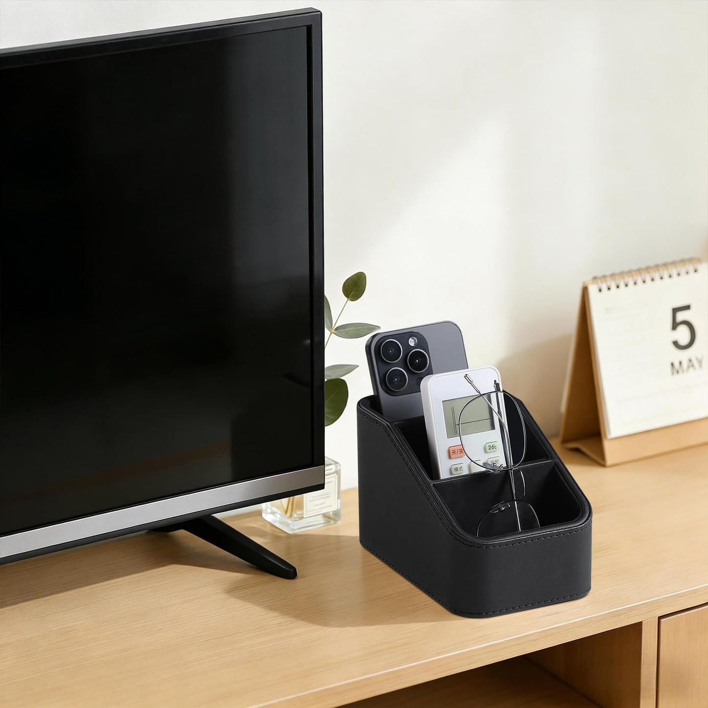 NICLNGSH PU Leather Remote Control Holder, Small Desk Organizer Office Supply Bedside Caddy for Nightstand End Table Couch, Pen Remote Organizer with 3 Compartments (Black)