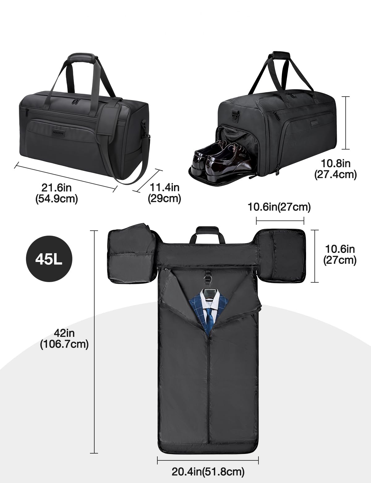 Noozion Garment Duffle Bag for Travel, 3-in-1 Convertible Carry On Suit Bag with Shoe Compartment, Lightweight Overnight Business Travel Bag for Men Women