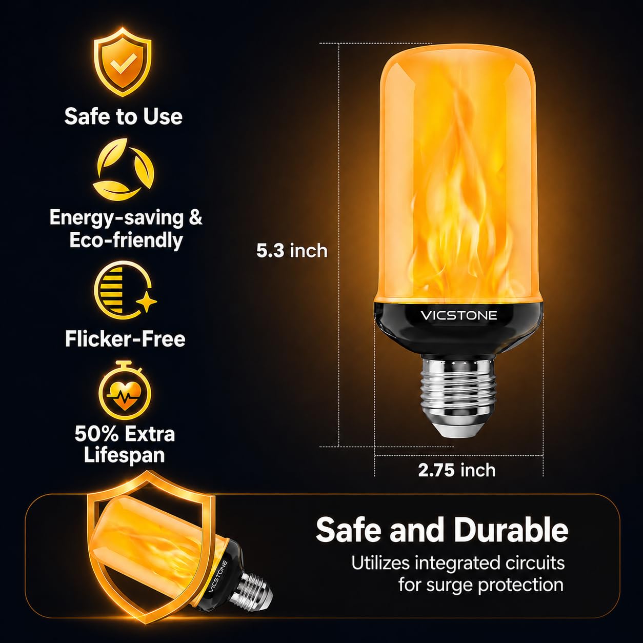 Vicstone Upgraded Dusk to Dawn LED Flame Light Bulbs Outdoor, 4 Modes Flickering Light Bulbs with Upside Down Effect, E26 Fire Bulb for Halloween Christmas Party Patio Porch Home Indoor Decorations, 2