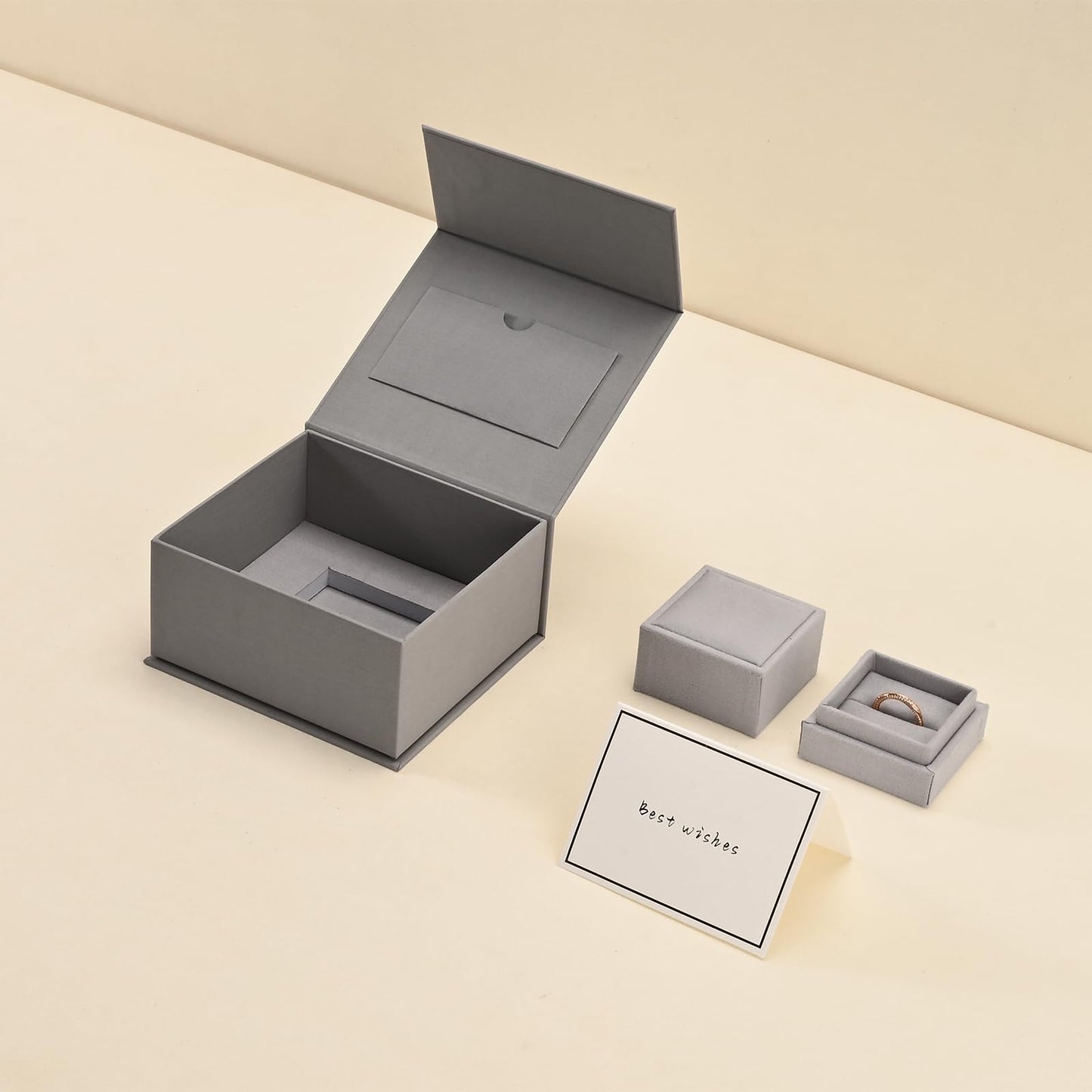 Oirlv Ring Gift Box with Lid Magnetic Gray Boxes for Wedding Proposal Gift Birthday Present with Card(Gray)