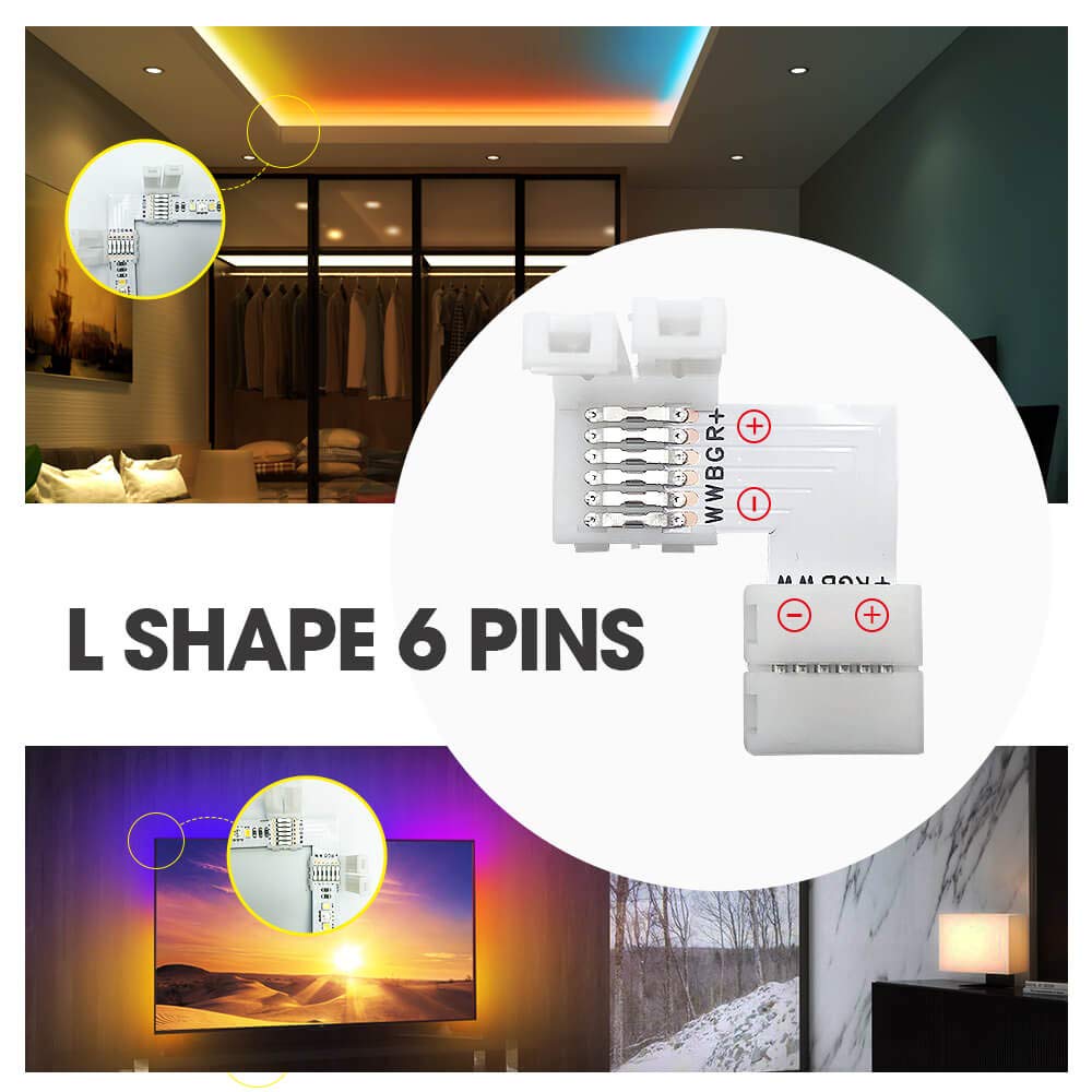 GIDERWEL RGBWW 6 Pins LED Strip Connectors L Shape,6 Pack LED Strip Light 12mm Right Angle Corner Solderless Connector LED Connection for Lightstrip Plus V3/RGBCCT LED Strips