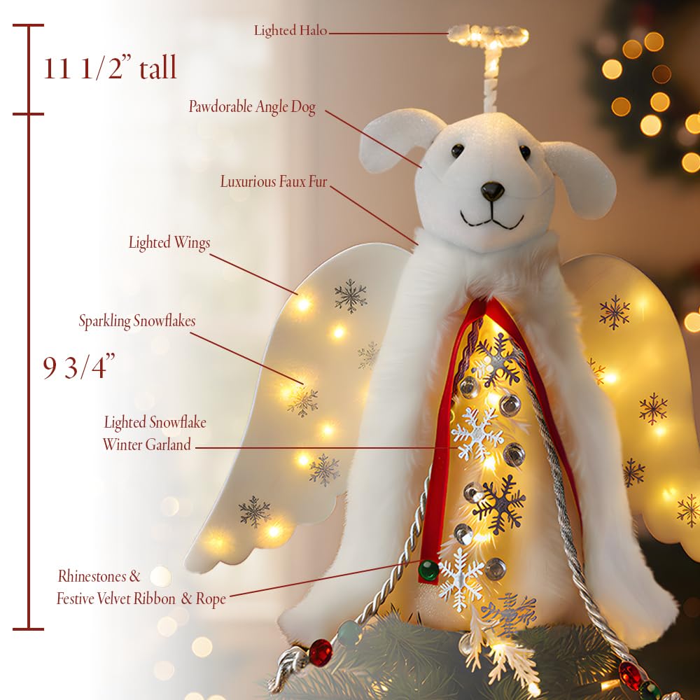iHeartDogs Christmas Tree Topper Decoration - The Original Dog ‘Christmas Miracle’ Angel Dog Tree Topper LED Lighted Halo, Snowflake Garland & Wings Decor Ornament, Holiday Decoration