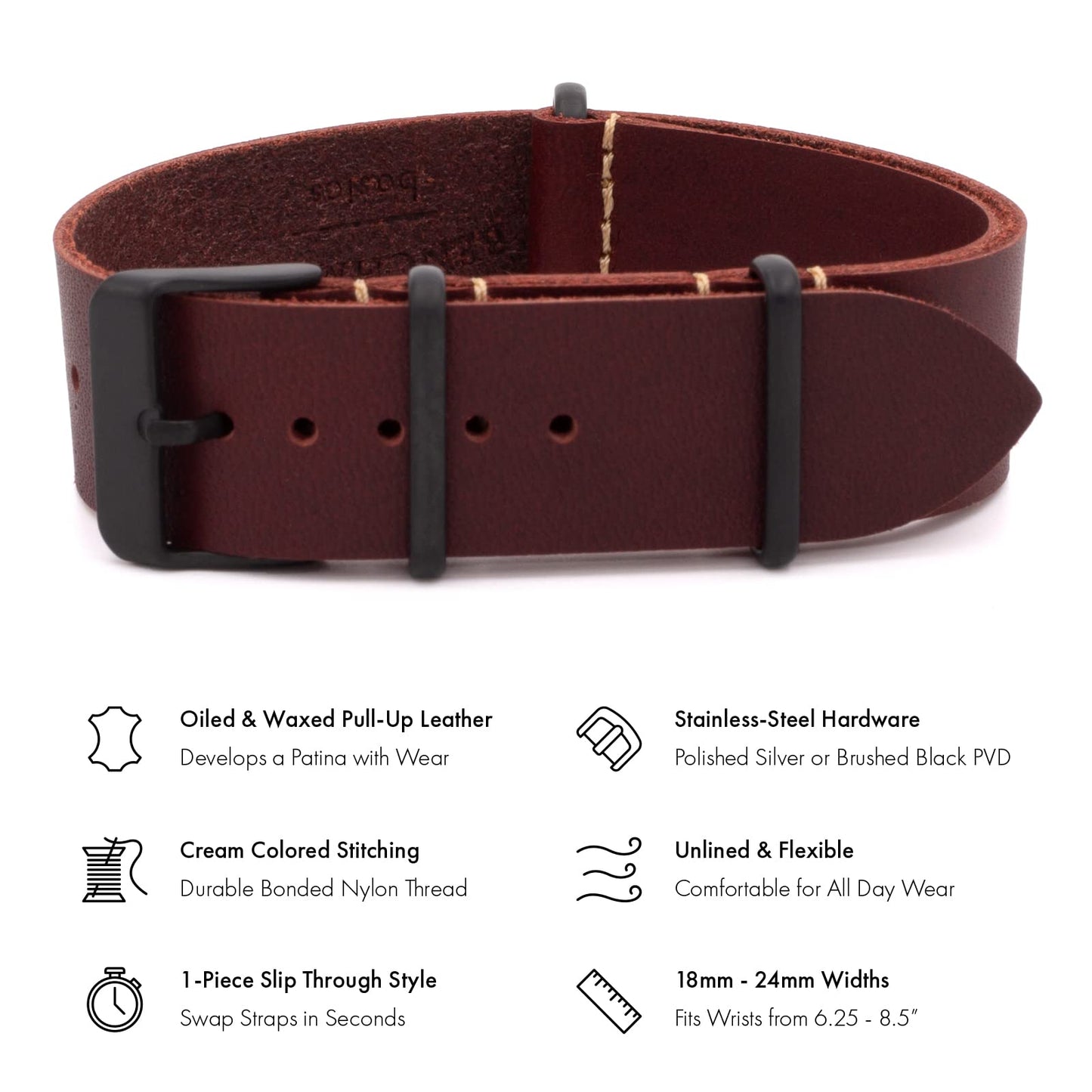 Benchmark Basics Leather Watch Band - Crazy Horse Oiled Leather One-Piece Watch Straps for Men & Women - 24mm, Oxblood PVD