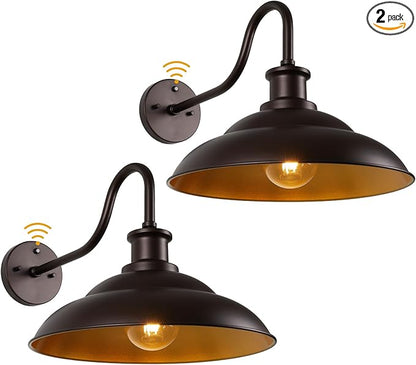 Dusk to Dawn Outdoor Gooseneck Barn Light Fixture, 16 Inch Dome Large Wall Sconce Farmhouse Exterior Wall Mount Light for House Garage Patio Doorway, 2 Pack