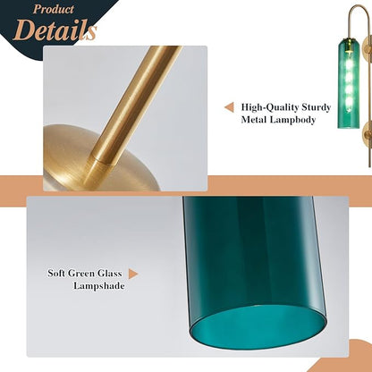 BOKT Modern Gold Wall Sconce Green Glass Hardwired Bedside Wall Light Fixtures Mid Century Long Metal Wall Sconce Single Hardwired Bathroom Bar Wall Lamp (Green)