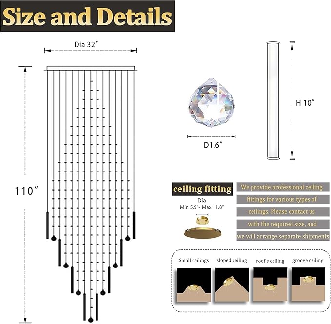 Flashing God D32''X H110'' Extra Large Chandeliers for High Ceilings Square Crystal Raindrop Gold Chandeliers Large Villa Chandelier Entrance Foyer Ceiling Light LED Dimmable 2700K-6000K