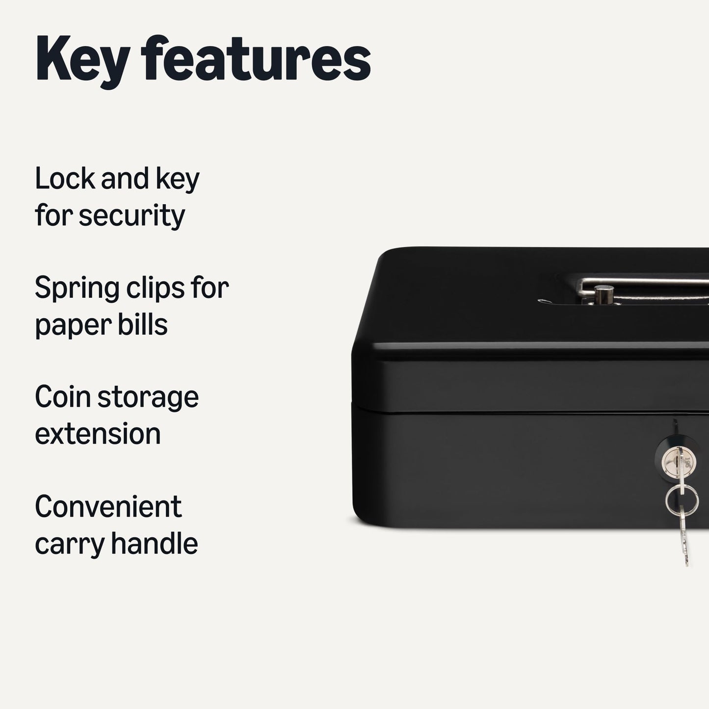 Amazon Basics Cash Box with Lock Key, Money Organizer Tray, 11.81" x 9.45" x 3.54", Black