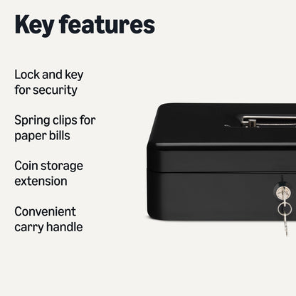Amazon Basics Cash Box with Lock Key, Money Organizer Tray, 11.81" x 9.45" x 3.54", Black