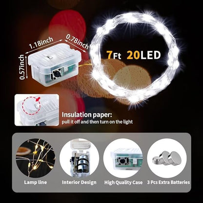 pozzolanas 12 Pack White Fairy Lights Battery Operated 3 Modes 7FT 20 LED Waterproof String Lights Twinkle Silver Wire for Mason Jars Wedding Christmas Halloween Part Decor (12, White)