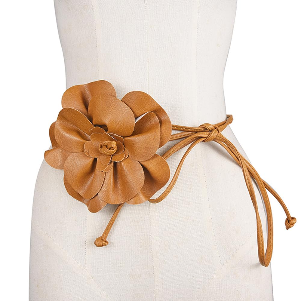 CALFOVERA 0.3 Inch Big Flower Decor Skinny Waistband Brown Boho Flower PU Leather Waist Belt Thin Elegantes Belts Slim Leather Rope Tassel Waist Strap Band for Women Dress Shirts Wedding