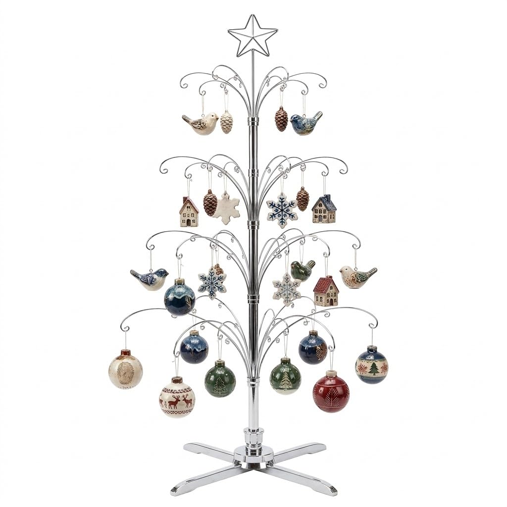 HOHIYA 74” Rotating Ornament Display Tree with 90 Hooks Heavy Duty Metal Christmas Ornament Stand Chrome Silver Holiday Display Rack Christmas Tree Alternative