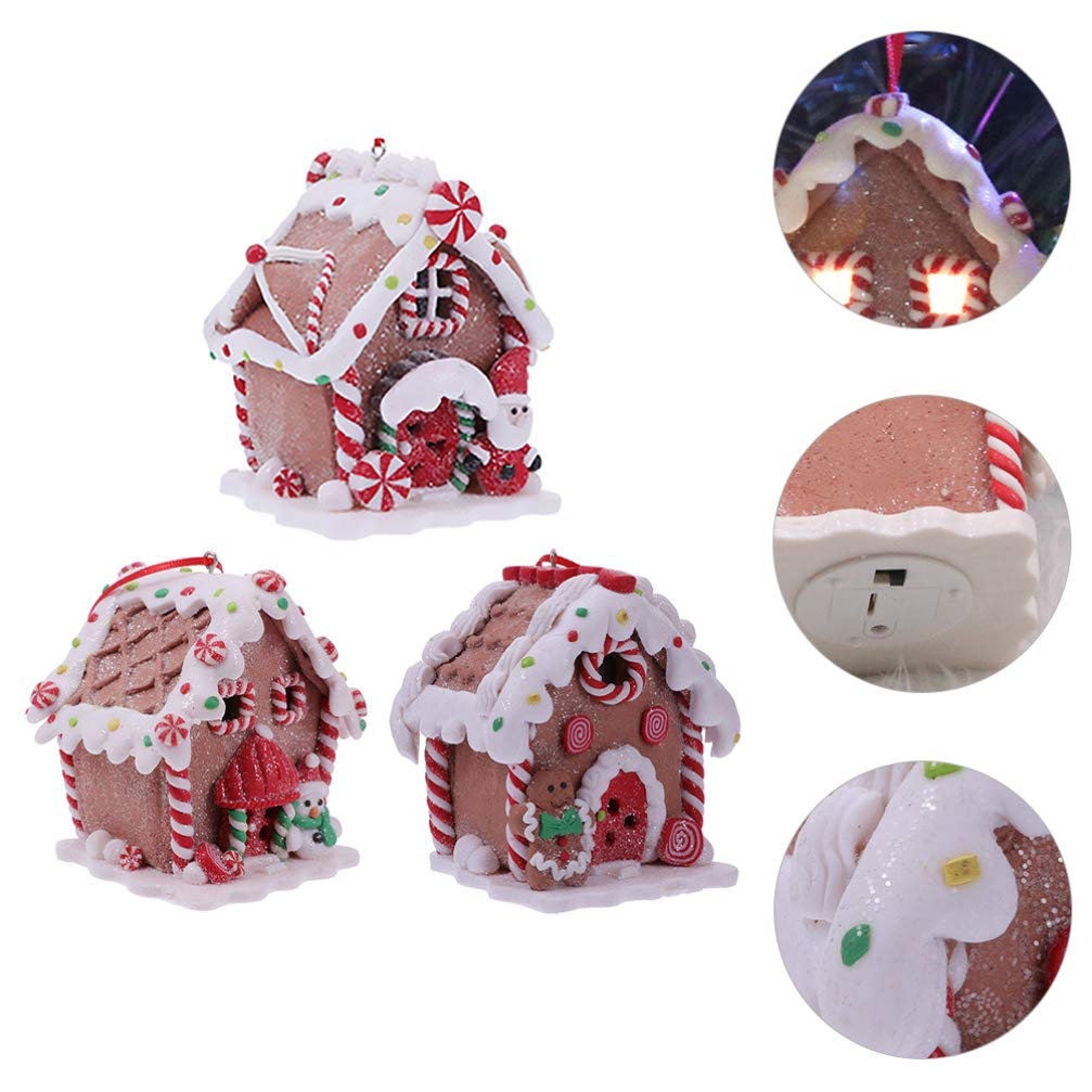 Toyvian 3 Pcs Gingerbread Houses: LED Christmas Village Houses with Rope, Soft Clay Dough Hanging Ornaments - Resin Santa Snowman Figures for Home Holiday Xmas Decor