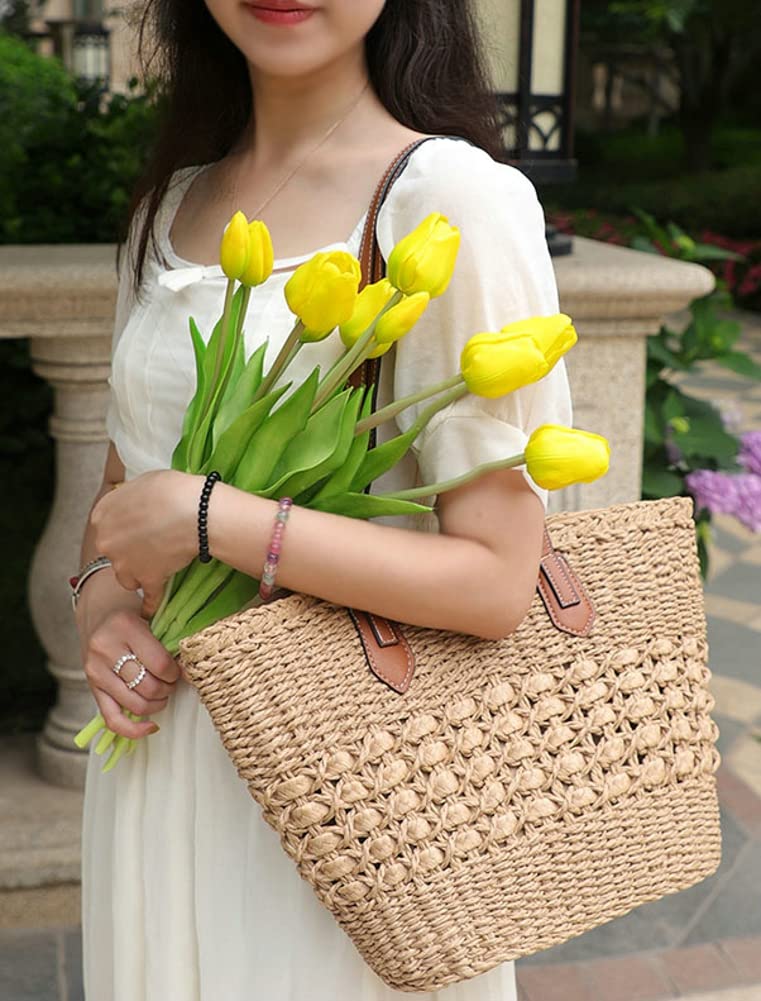 Women's Straw Shoulder Bag Large Rattan Woven Totes Summer Travel Beach Handbag Handmade Top Handle Purse
