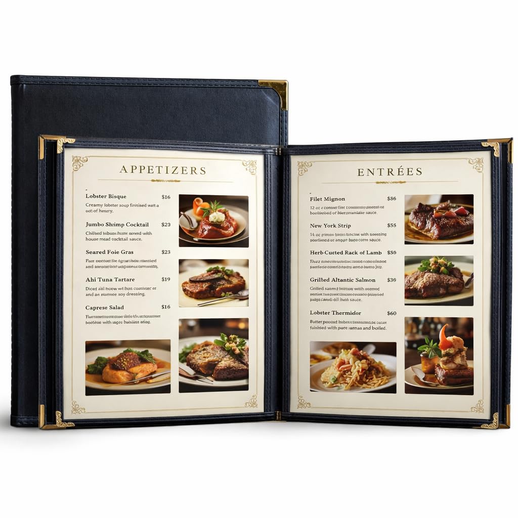 2-Pack Menu Covers for Restaurant 8.5x11 Inch, Black Faux Leather Menu Holder with 2 Pages (4 Views), Wine List & Dinner Menu Book for Bar Hotel Café