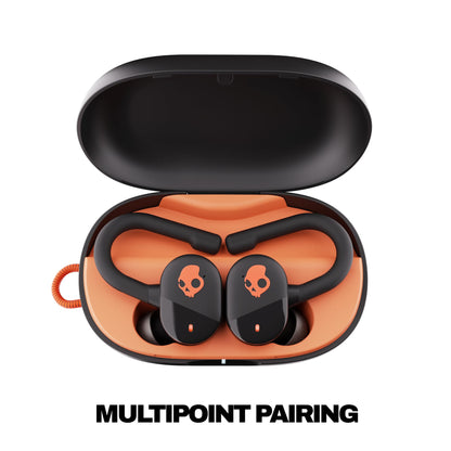 Skullcandy Push Play Active Wireless Earbuds, Bluetooth Headphones, Noise Isolating Fit, 34 Hrs Battery, Secure-Fit Over-Ear Hanger, Sweat Water Resistant, Microphone for iPhone Android - Black/Orange