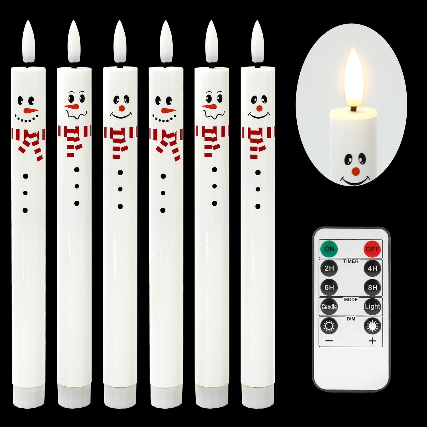 Whaline 6Pcs Winter Snowman Flameless Taper Candles with Remote Cute Christmas Battery Operated Flickering Candlesticks Electric LED Candle Boxed for Holiday Party Home Table Centerpiece Decor