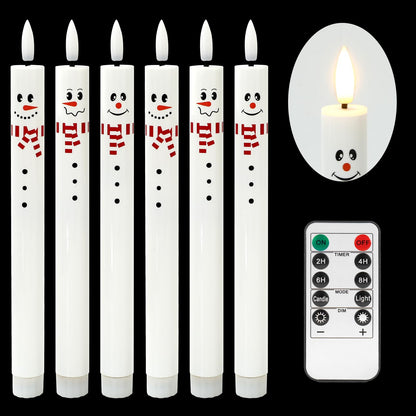 Whaline 6Pcs Winter Snowman Flameless Taper Candles with Remote Cute Christmas Battery Operated Flickering Candlesticks Electric LED Candle Boxed for Holiday Party Home Table Centerpiece Decor