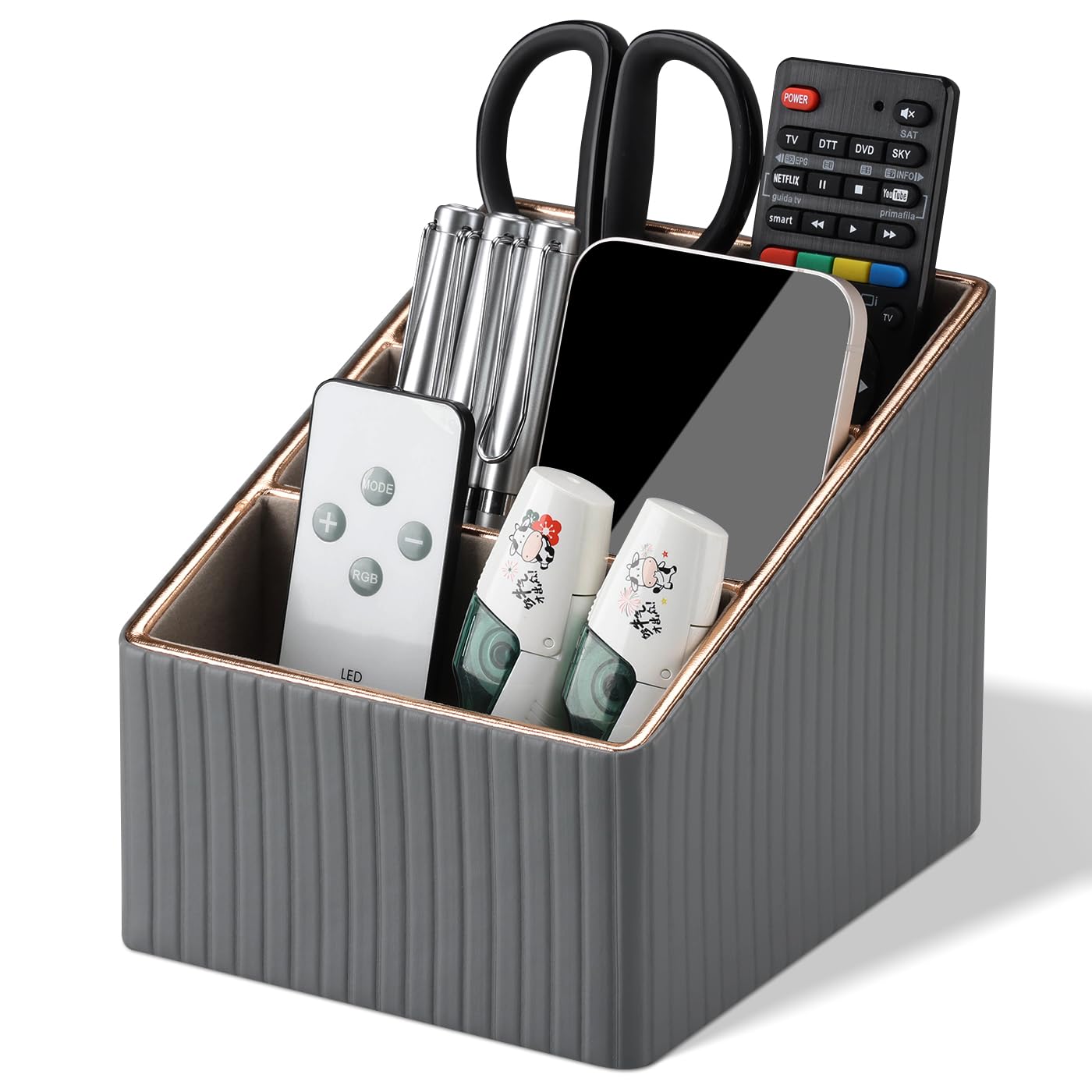 KINGFOM 3 Slot PU Leather Remote Controller Holder, Home Sundries Storage Box, TV Guide/Mail/CD Organizer/Caddy/Holder with Free Cable Desk Organizer (Grey)