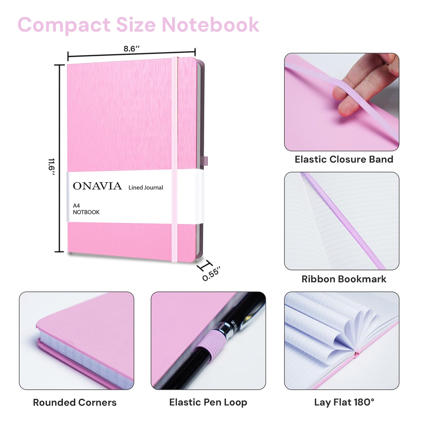 ONAVIA A4 Notebook Hardcover, 8.5" x 11" College Ruled Journal Notebook, Lay Flat 160 Pages (80 Sheets) Lined Notebook for School Notes, Note Taking, Pink