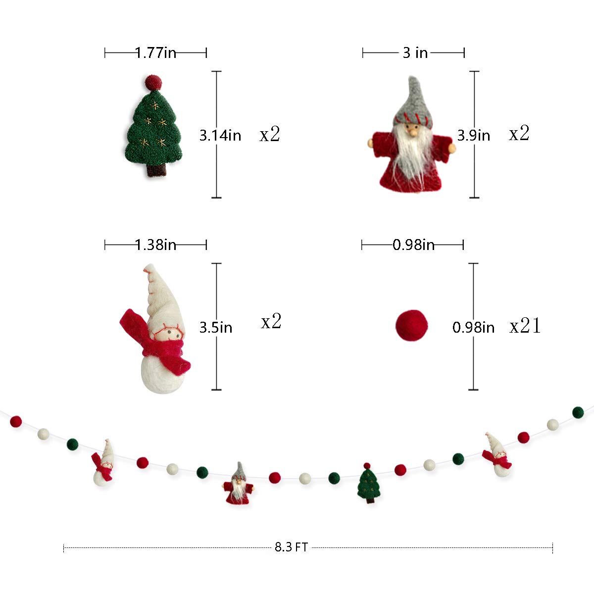 pinkblume Wool Felt Christmas Garland Wool Felt Snowman Xmas Tree Santa Claus Banner Pom Pom Garland Bunting Christmas Decortations Clearance for Home Fireplace Windows Indoor Outdoor Christmas Decor