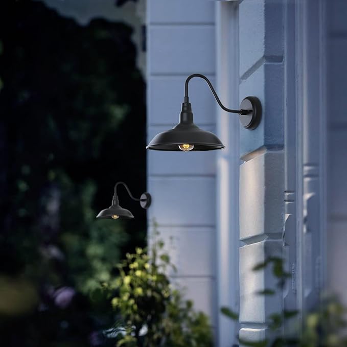 Black Outdoor Barn Light with Wall Mount 2 Pack Exterior Gooseneck Lights with 10" Dome, Farmhouse Style Outside Wall Sconce for House, Porch, Patio