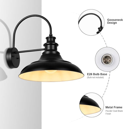 Outdoor Barn Light Fixtures, 16 Inch Large Dome Farmhouse Exterior Wall Mount Lights, Rustic Gooseneck Wall Sconces Indoor Wall Lighting, Industrial Black White Lanterns for Porch, 2 Pack