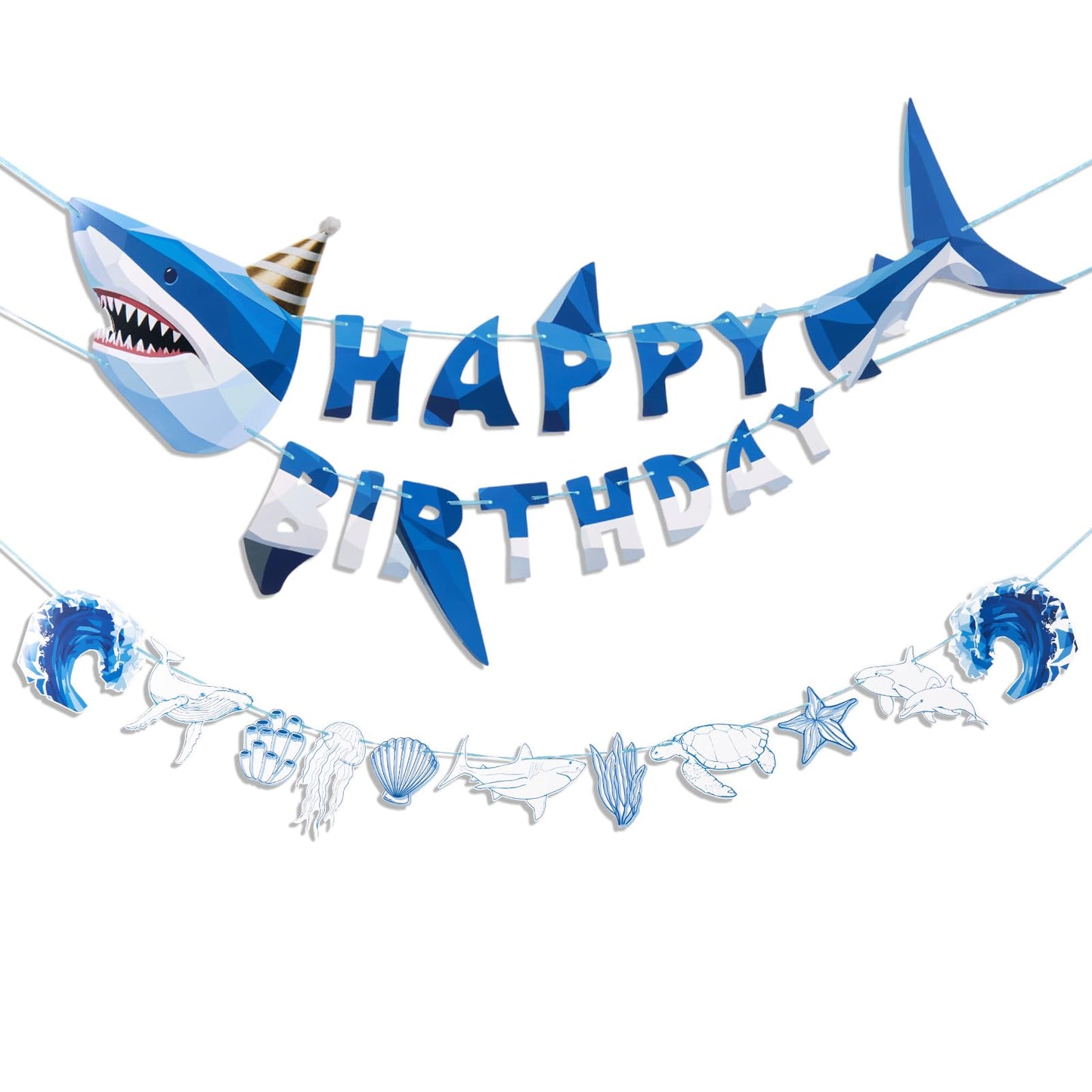 SUNBEAUTY Shark Birthday Party Decorations Shark Happy Birthday Banner Ocean Theme Hanging Shark Garland Under The Sea Pre-strung Shark Birthday Banner for Boys Baby Shower Beach Summer Pool Party（Blue）