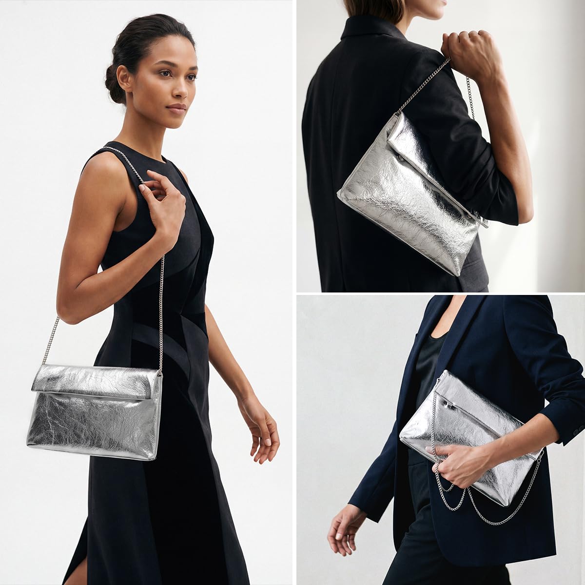MXCMXC Women's Evening Clutch Bag Metallic Crinkled Leather Clutch Purse, Fold-over Handbag Envelope Purse with Hidden Magnetic (Silver)