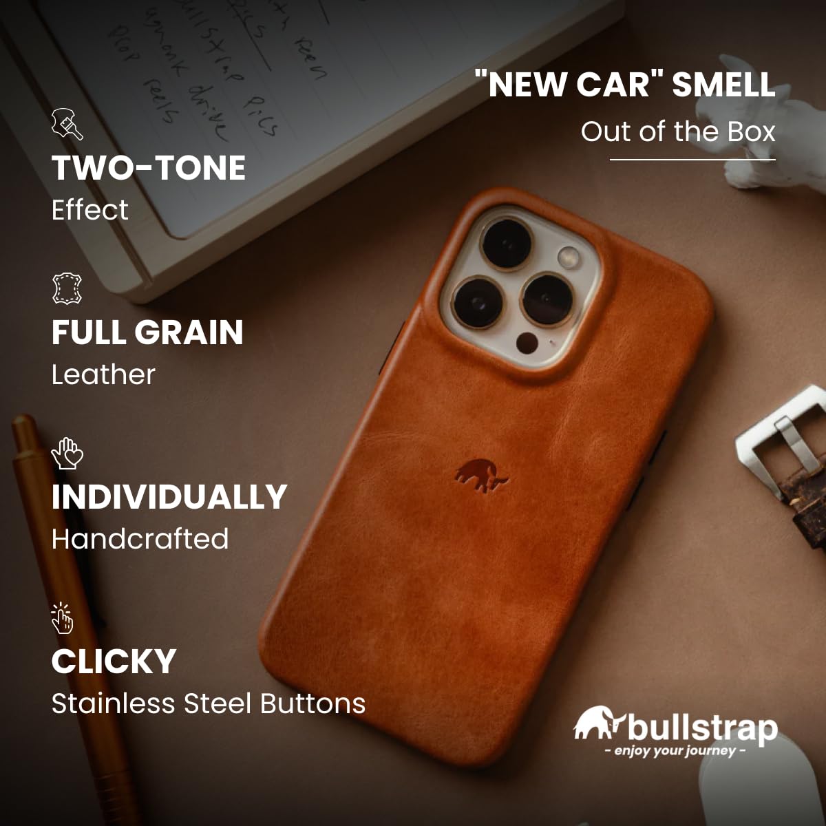 Bullstrap Minimalist Open Bottom Handcrafted Leather Case for iPhone 16 Pro | MagSafe Compatible Premium Full-Grain iPhone 16 Pro Leather Case w/Beautiful & Unique Patina | Sienna