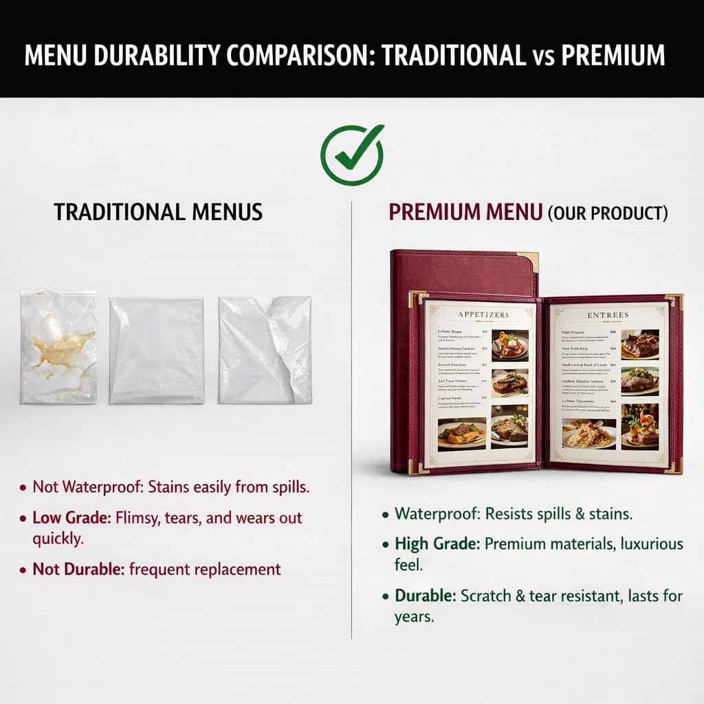 Restaurant Menu Covers 8.5×11 – 8 Page 16 View Menu Sleeve, Premium Burgundy Red Faux Leather, Waterproof Durable Menu Holder for Bar Cafe Hotel, 2 Pack