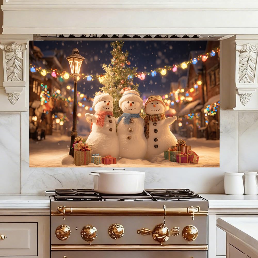 WDESYADMS 35.5x23.6 Inch Winter Snowman Wall Decals PVC Holiday Village Night Scene Peel and Stick Decorative Film for Home Cooking Area Backsplash Stovetop Space Seasonal Festive Style