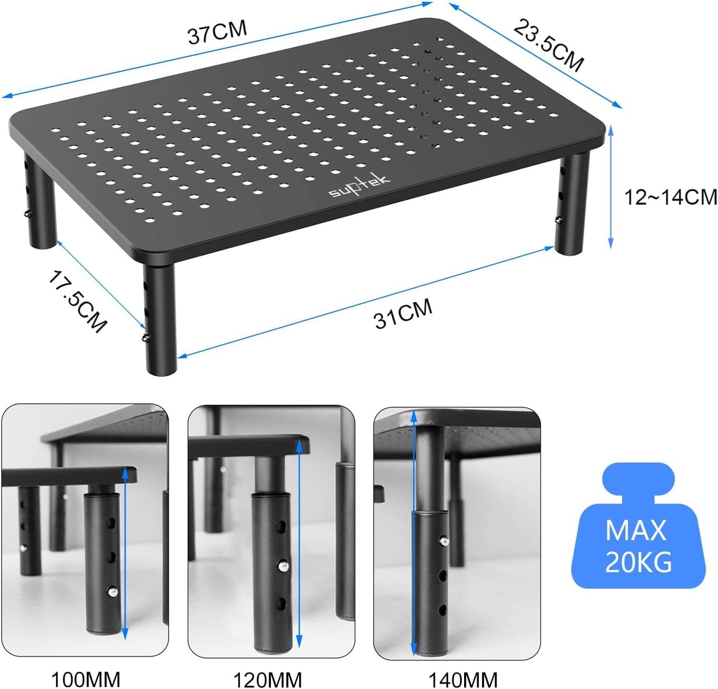 suptek Computer Monitor Stand Riser,Monitor Riser for Laptop, Printer, Notebook and All Flat Screen TV Display with Vented Platform,3 Height Adjustable Laptop Riser,1 Pack,Black(MST003)