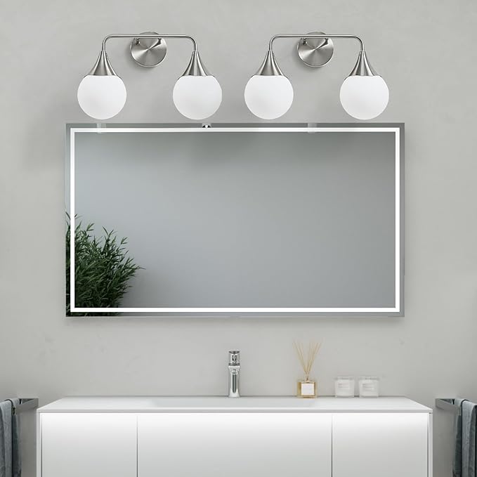 Bathroom Vanity Light Fixtures: Brushed Nickel 2-Light Mid Century Farmhouse Bathroom Lighting Fixtures Over Mirror - Wall Sconce with Frosted Globe Glass for Hallway Restroom