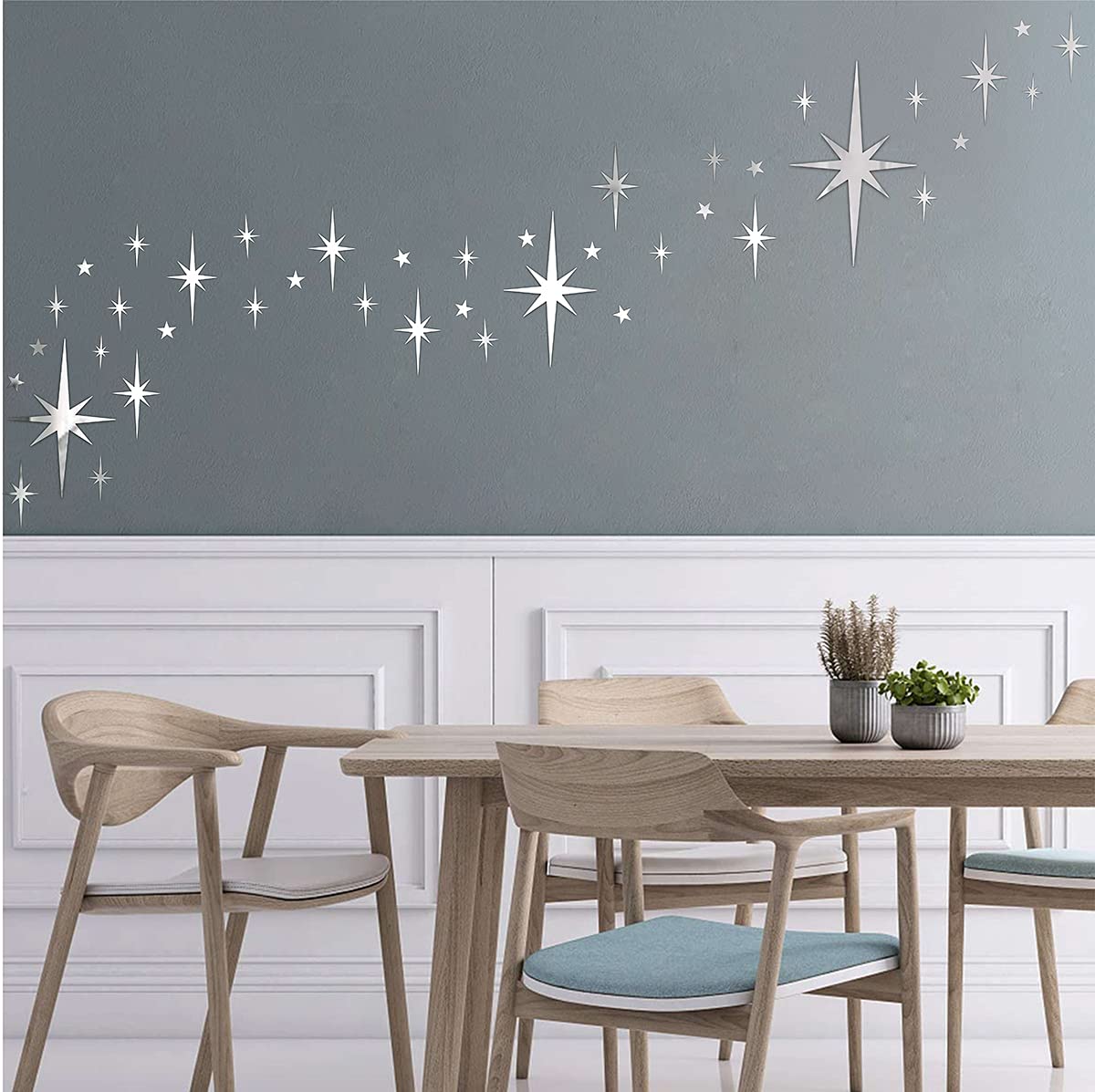 Easma Retro Starburst Mirror Wall Decals Silver 3D Acrylic Sparkle Wall Decors Star Walls Stickers Removable Stars Decals Bathroom Bedroom Living Room Home Walls Decors(123pcs)